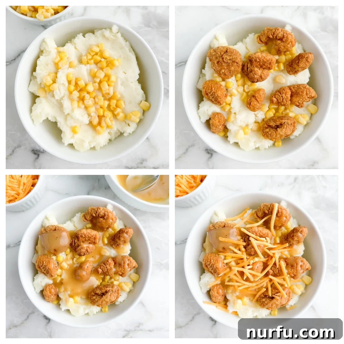 Homemade Crispy Chicken & Gravy Bowl 4 An assembled bowl with mashed potatoes at the bottom, topped with a generous amount of popcorn chicken, sweet corn kernels, and finished with a sprinkle of shredded cheese, ready for gravy.