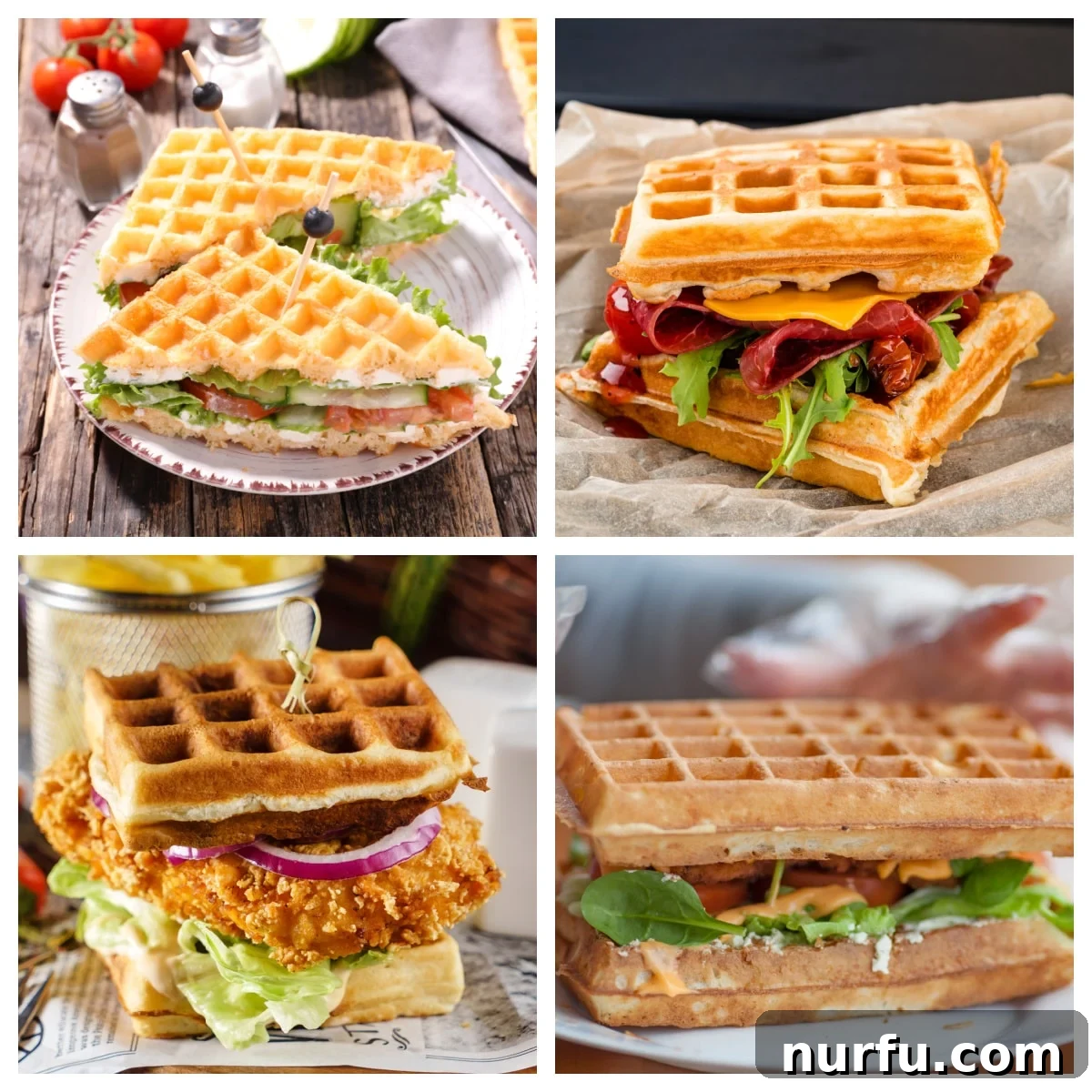 Next-Level Waffle Sandwiches 2 Four different waffle sandwiches, showcasing a variety of sweet and savory fillings.