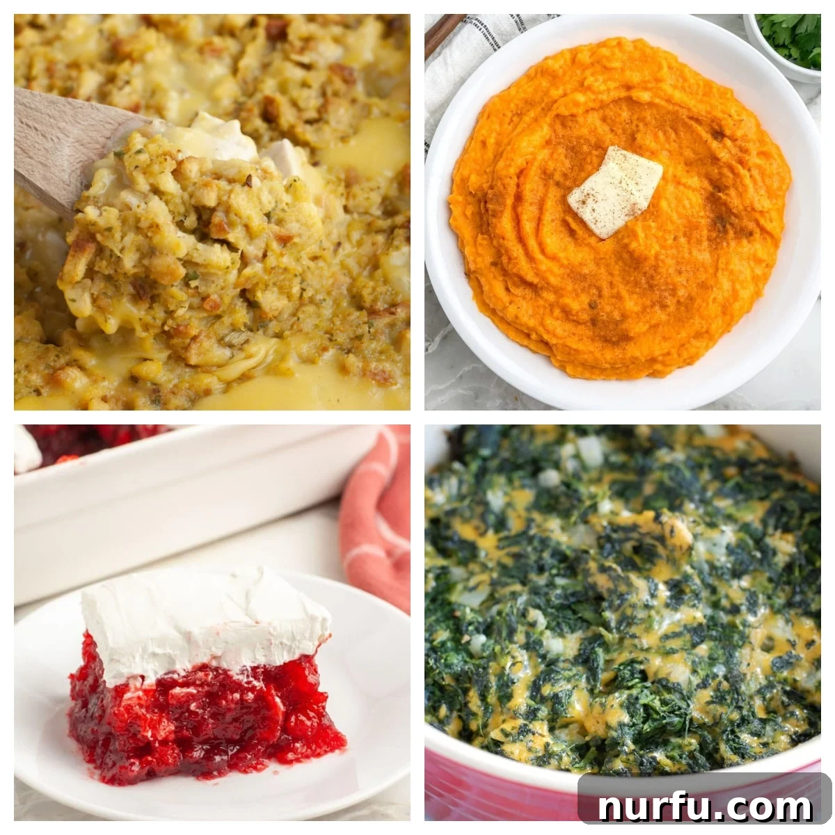 Elevate Your Turkey: 31 Must-Try Side Dishes 2 A collection of delicious side dishes perfect to serve with turkey, including stuffing, whipped sweet potatoes, spinach, and cranberries.