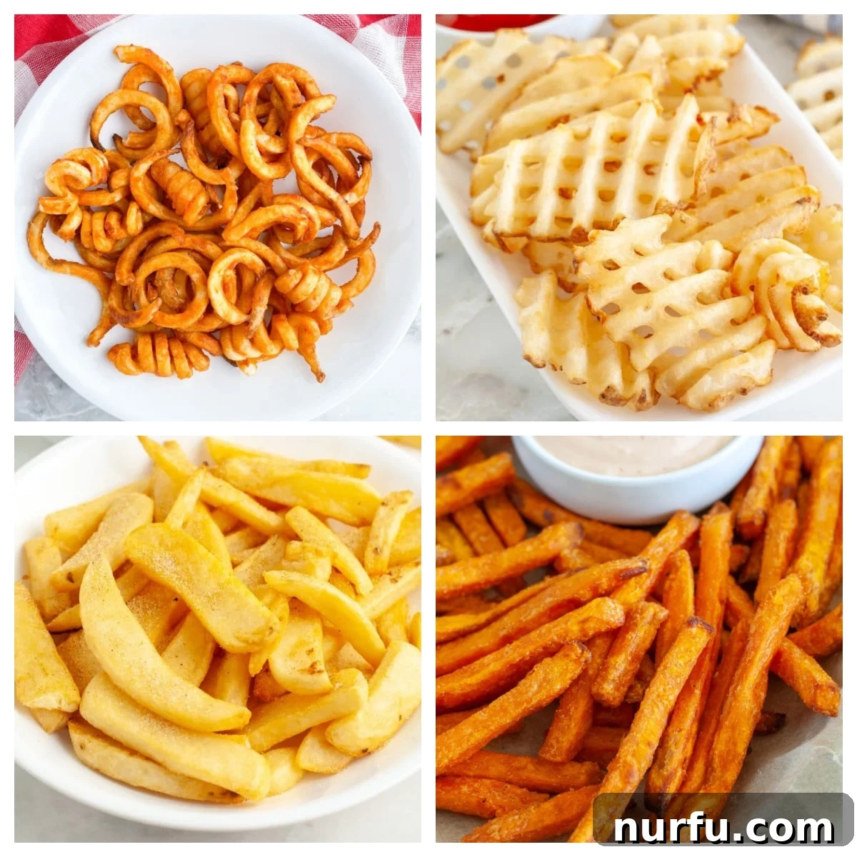 Exploring 27 French Fry Styles 2 A vibrant assortment of various French fry types, including curly fries, waffle fries, steak fries, and sweet potato fries, arranged beautifully on a plate.