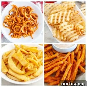 Plate of curly fries, waffle fries, steak fries, and sweet potato fries.