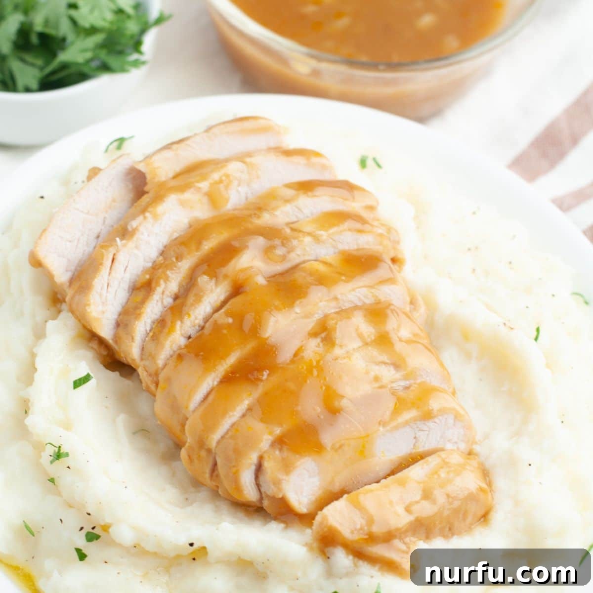 Sliced turkey tenderloin served over mashed potatoes, generously topped with savory onion soup mix gravy.