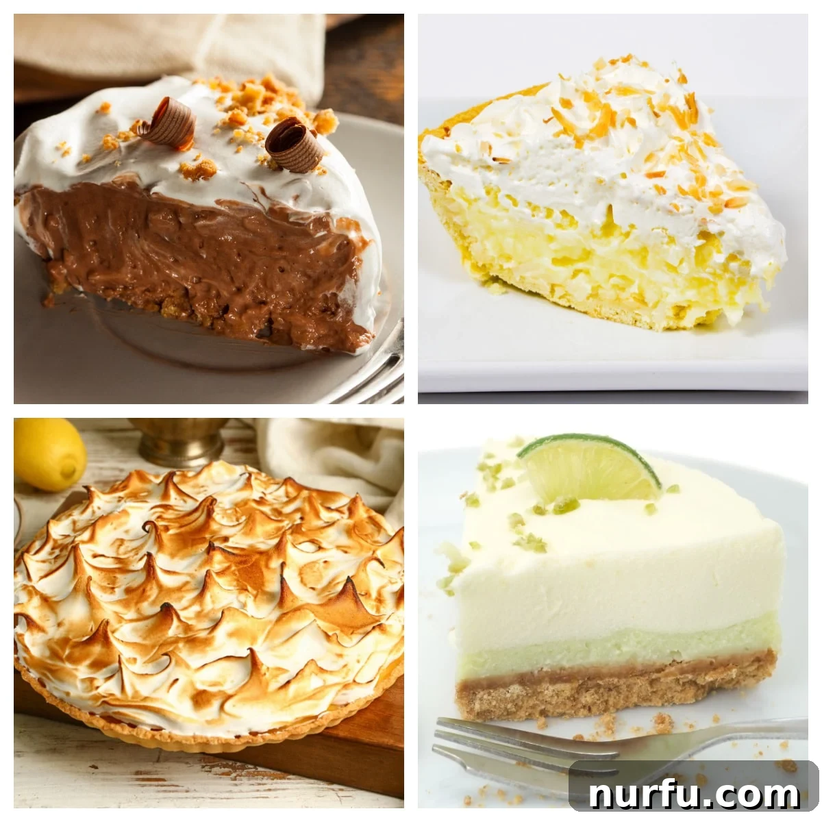 Chocolate cream pie, banana cream pie, and key lime pie. 