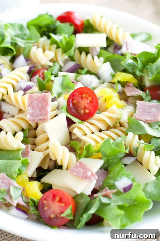Italian Sub Pasta Salad Italian Sub Pasta Salad in a white bowl