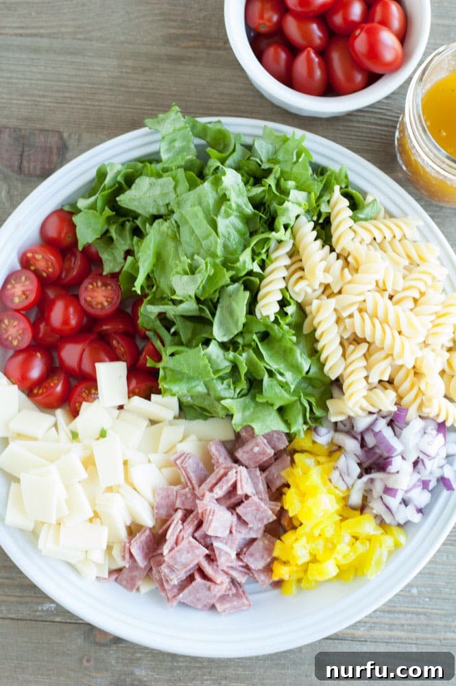 Italian Sub Pasta Salad Bowl with lettuce, pasta, tomatoes, cheese, salami, pepper, onion