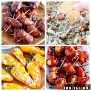 31 Ultimate Bacon Appetizers 3 Little smokies, artichoke dip, stuffed peppers, bacon wrapped water chestnuts.