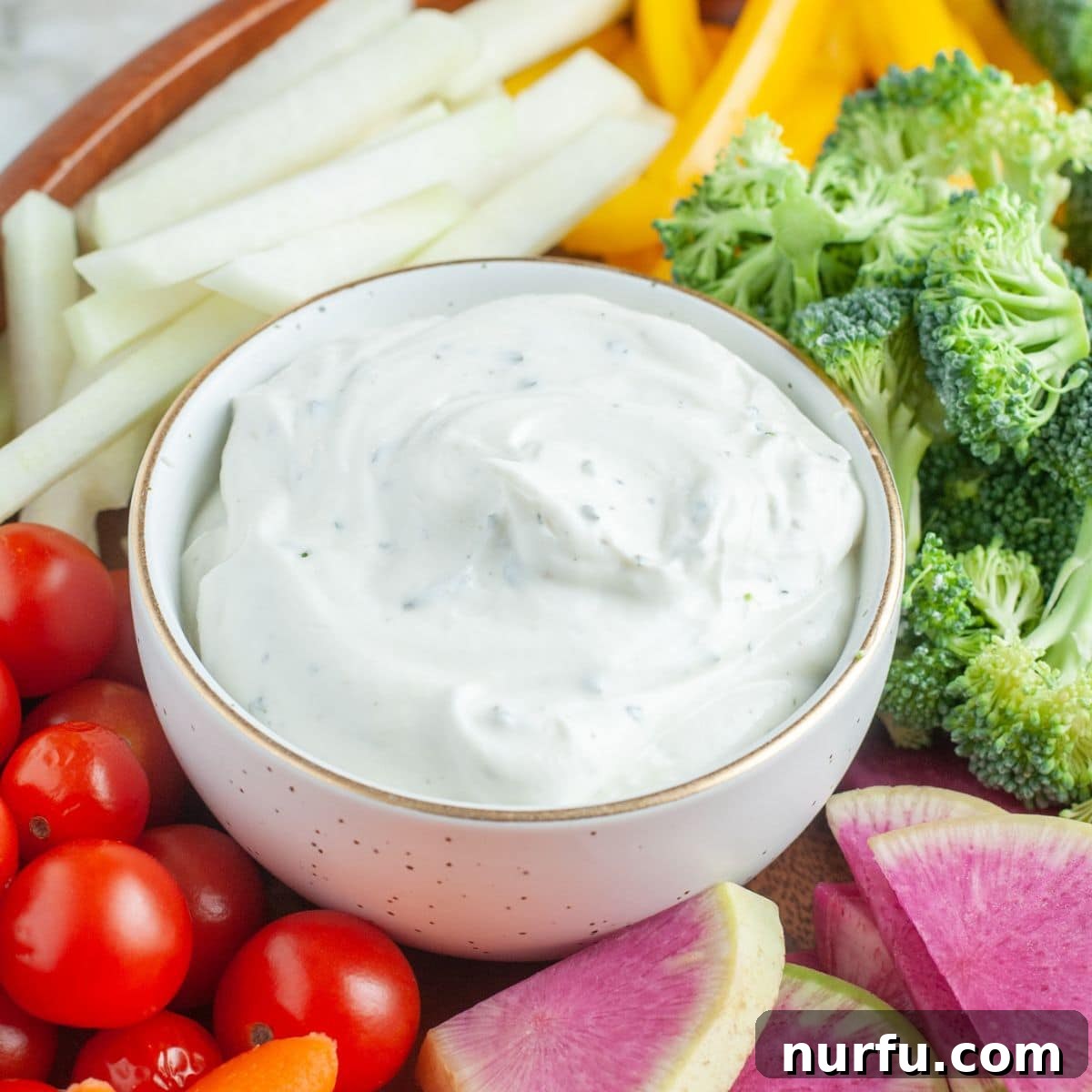 Crafting a Stunning Veggie Platter 3 A vibrant bowl of creamy ranch dip, nestled amidst a colorful assortment of fresh, cut vegetables on a rustic serving platter.