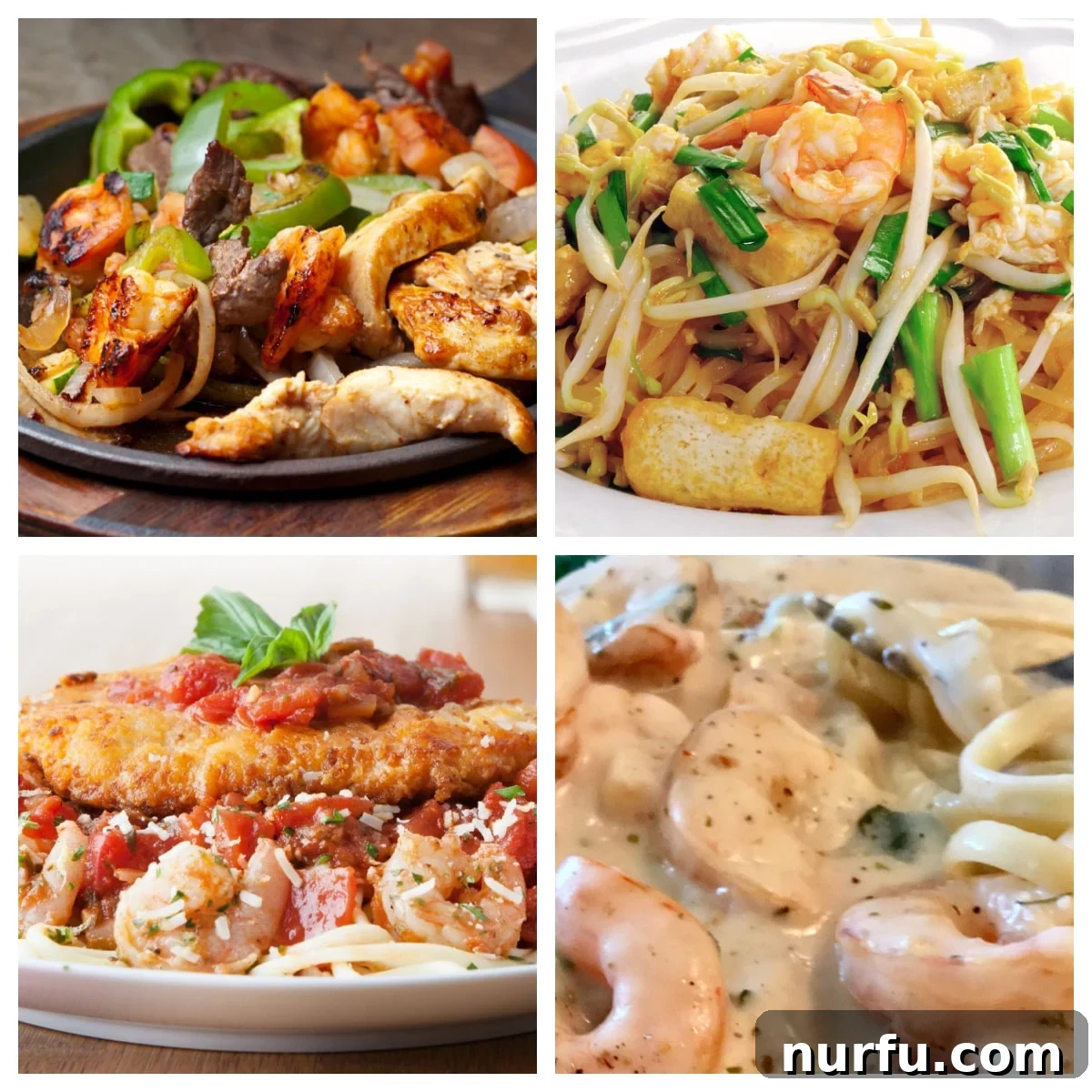 A vibrant collage featuring chicken fajitas, creamy chicken pasta, and crispy fried chicken with shrimp, showcasing the versatility of chicken and shrimp recipes.