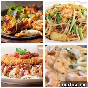 Chicken fajitas, chicken pasta, and fried chicken with shrimp.