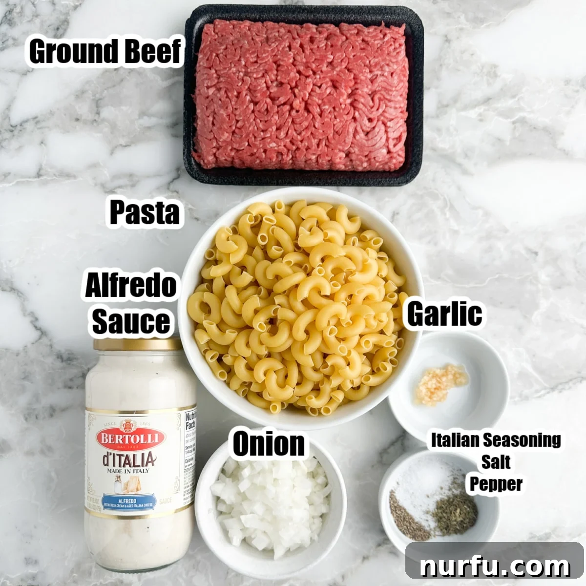 Hearty Beef Alfredo 3 Ground beef, elbow noodles, jar of alfredo, diced onion, and seasonings.
