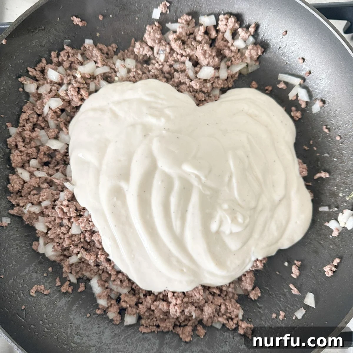 Hearty Beef Alfredo 4 Ground beef with diced onion and alfredo sauce.