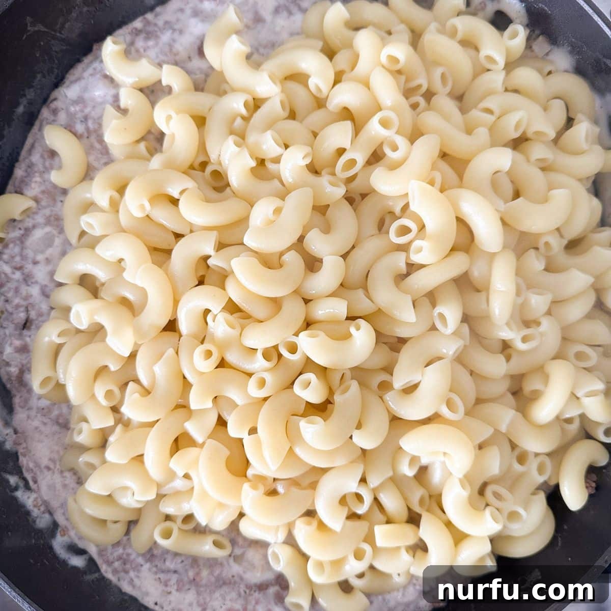 Hearty Beef Alfredo 5 Elbow pasta over a creamy sauce.