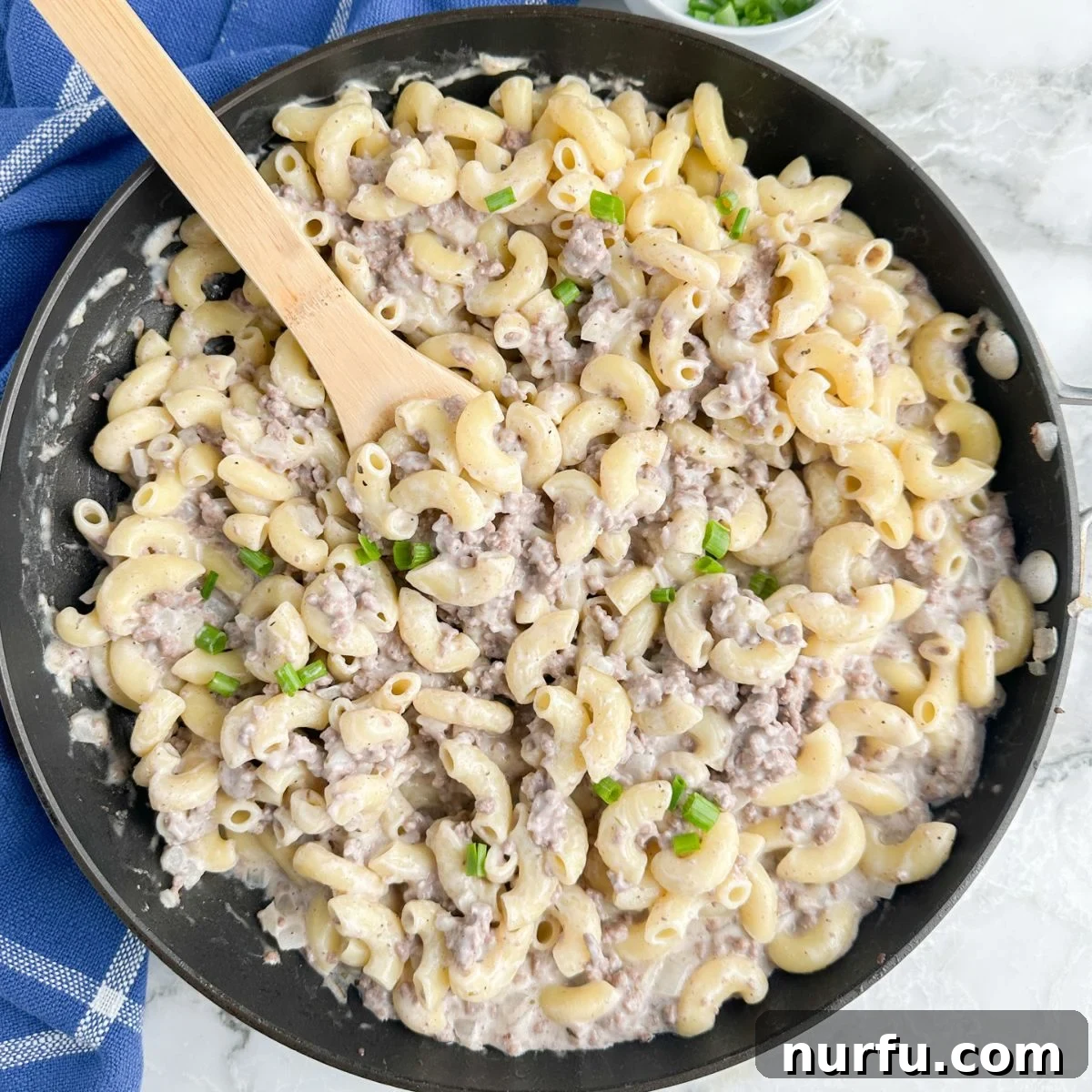 Hearty Beef Alfredo 6 Skillet with pasta, ground beef, and cream sauce.