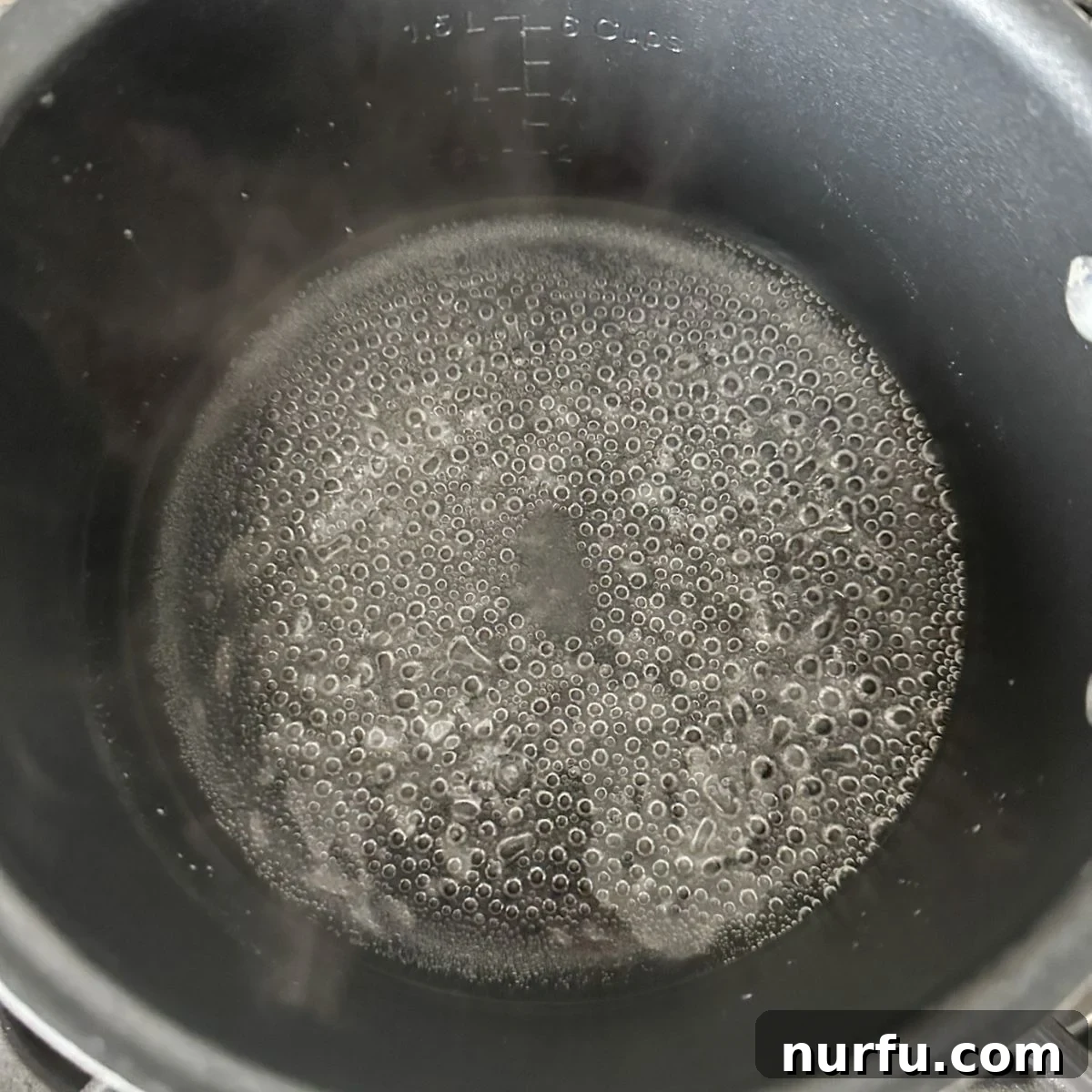 Sweet Sparkle Cranberries 3 Pot of simmering water and sugar on a stovetop.