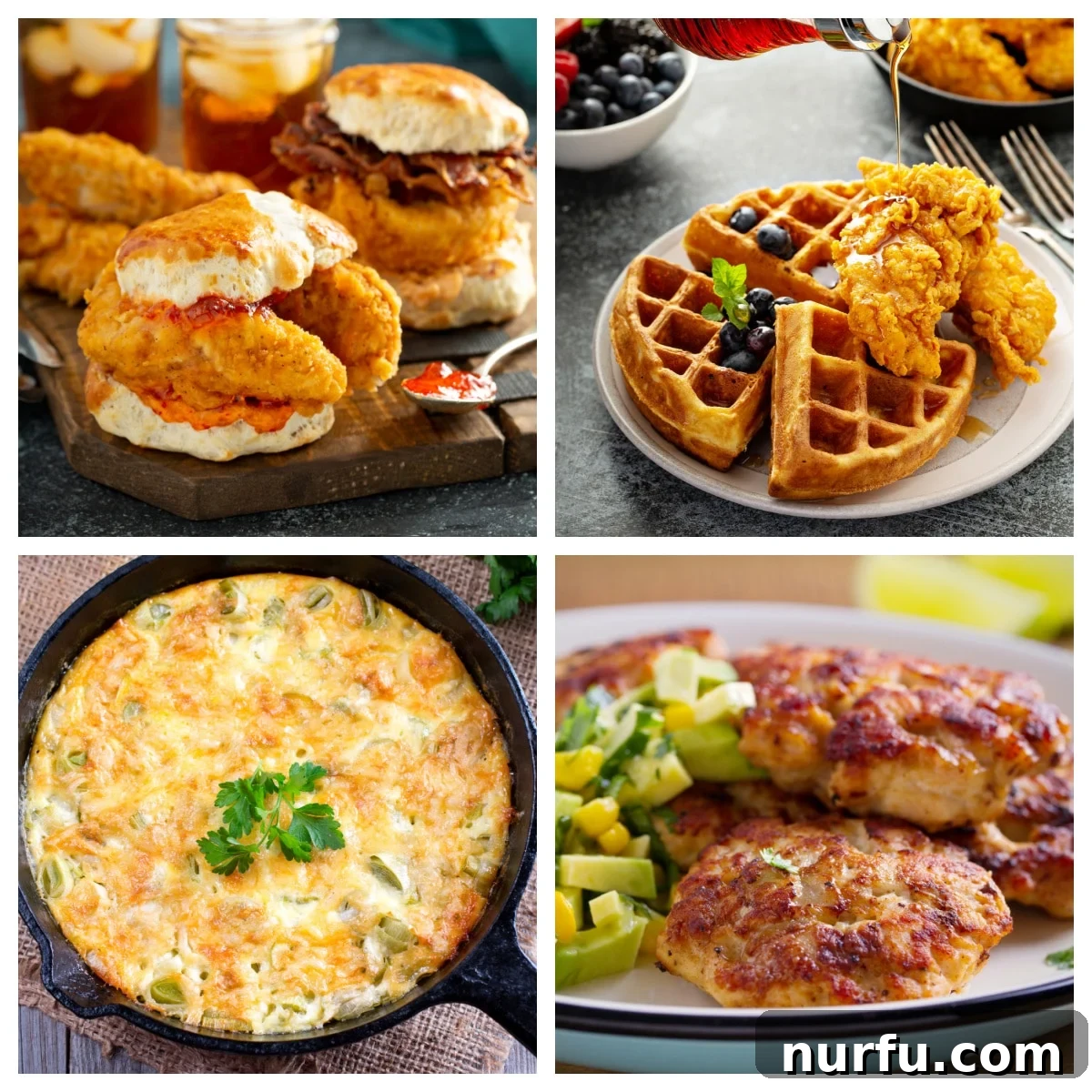 A vibrant collage featuring diverse chicken breakfast dishes: a classic chicken biscuit, comforting chicken and waffles, an elegant quiche, and flavorful chicken sausage patties, all designed to inspire your morning meal.