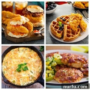 Chicken biscuit, chicken and waffles, quiche, and chicken sausage.