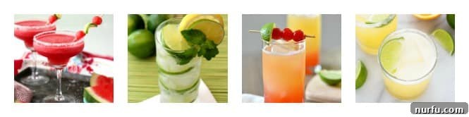 Refreshing Cinco de Mayo Drink Recipes A vibrant selection of refreshing Cinco de Mayo drinks, including strawberry margaritas, a mojito, a tequila sunrise, and classic margaritas.