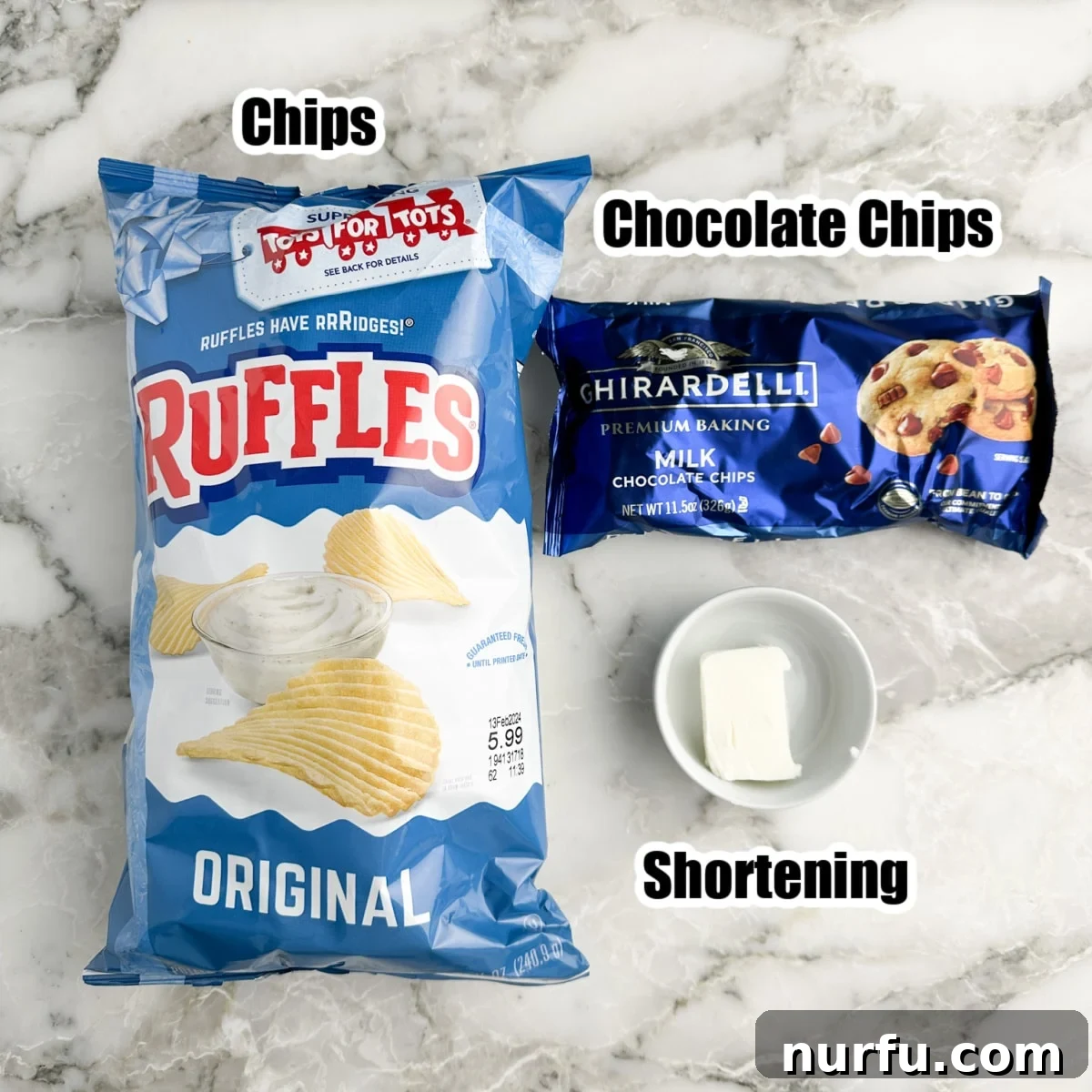 Sweet Salty Chocolate Chip Perfection 3 A still life image showing the simple ingredients required: a bag of classic potato chips, a generous bag of chocolate chips, and a small container of shortening.
