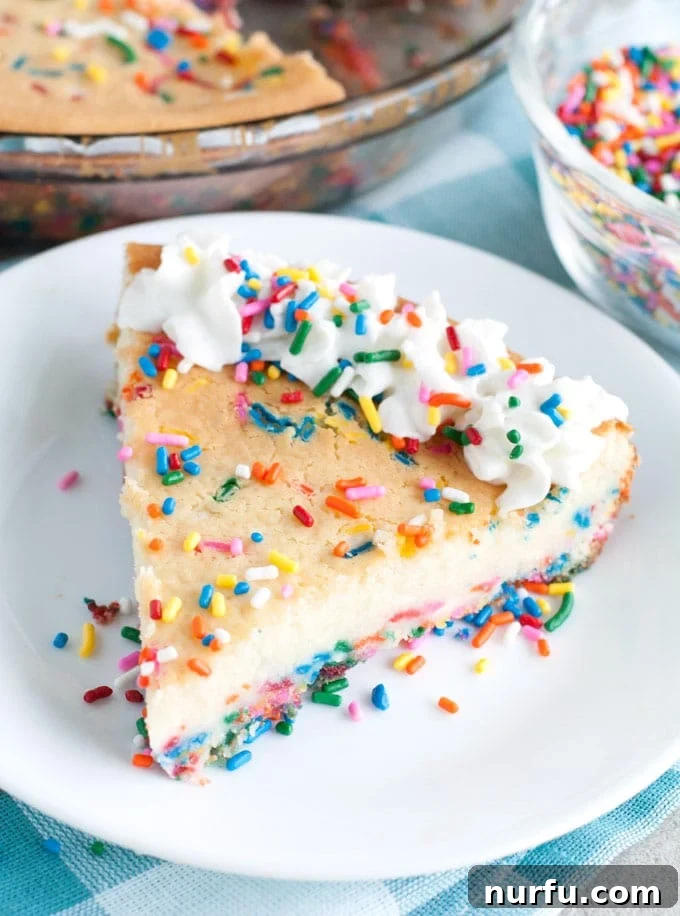 A vibrant slice of Funfetti Cheesecake, adorned with colorful sprinkles, served on a white plate, inviting dessert lovers to indulge in its creamy, festive charm.
