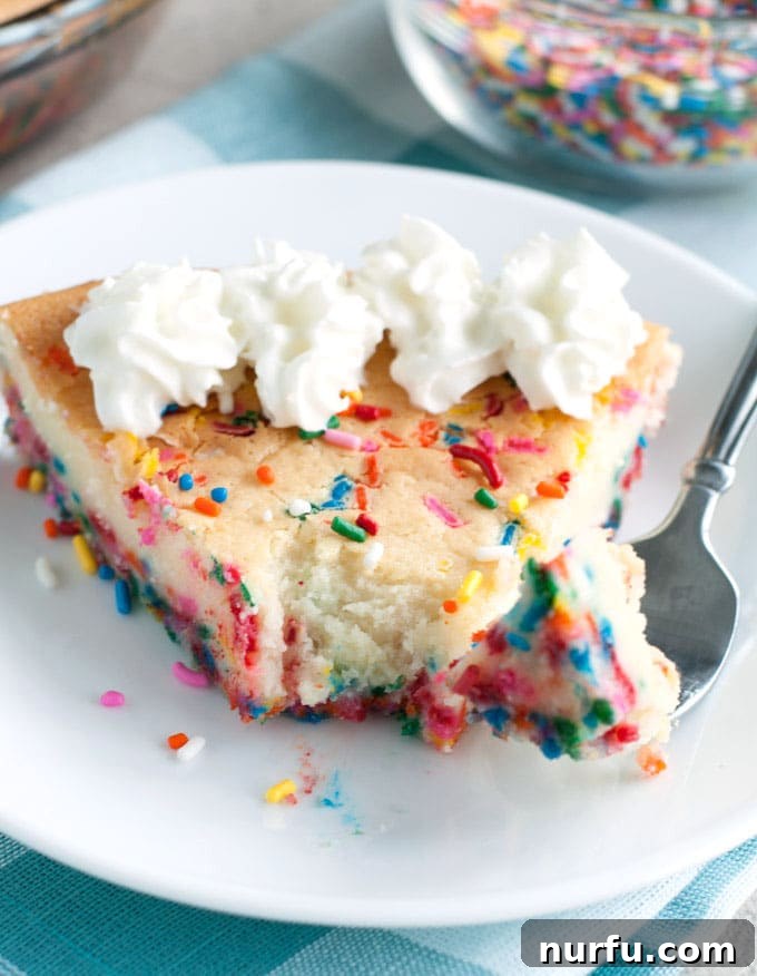 A captivating close-up of a slice of Easy Funfetti Cheesecake, showcasing its creamy texture, colorful sprinkle confetti, and golden-brown edges, ready to be enjoyed as a delightful, fuss-free dessert.