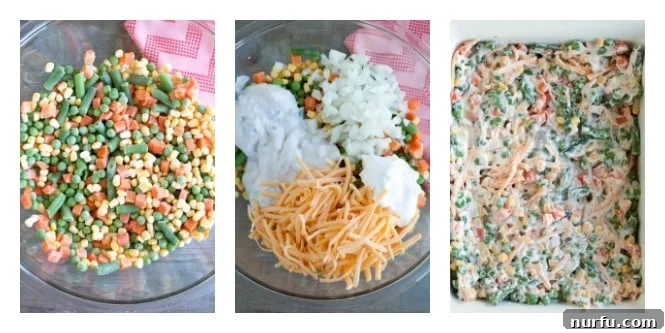 Visual Steps for Cheesy Vegetable Casserole Step-by-step photos illustrating how to make cheesy vegetable casserole from mixing to topping.