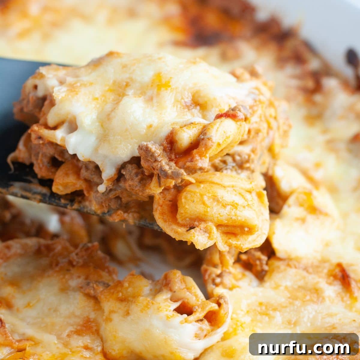 Golden Baked Tortellini 2 A golden-brown baked tortellini casserole, bubbling with cheese and rich meat sauce, served in a rustic baking dish, ready to be enjoyed.