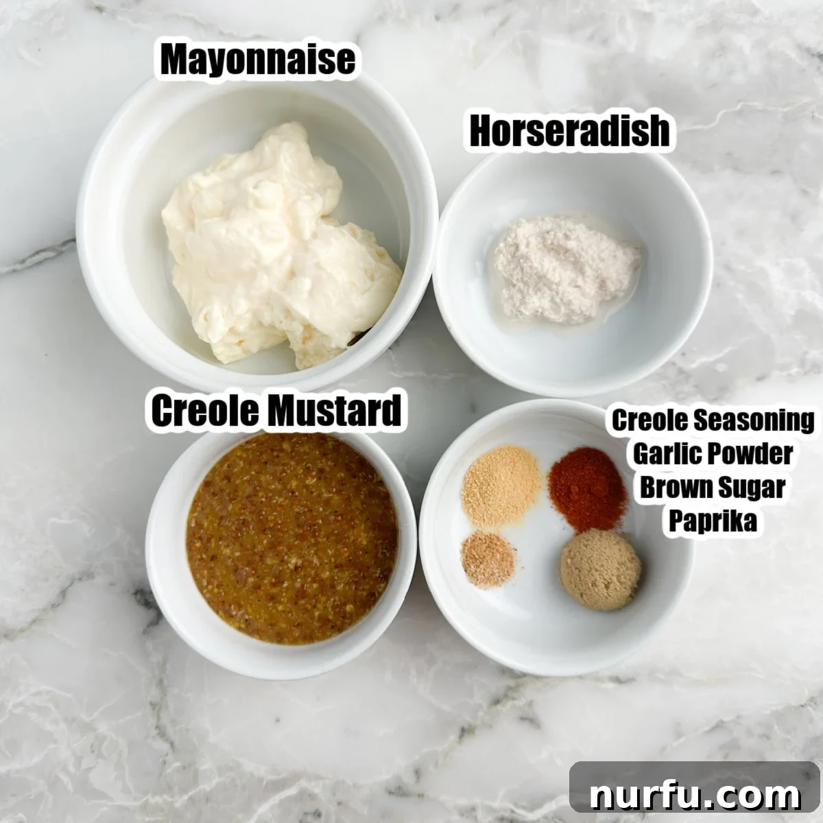 Mardi Gras Zest Mustard Dip 3 Bowl of mayonnaise, mustard, horseradish, and seasonings.