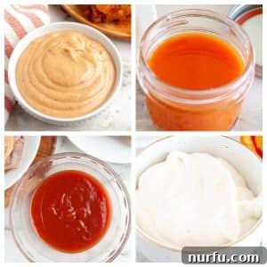 Bowl of creamy sauce, bowl of buffalo sauce, steak sauce, and horseradish sauce.