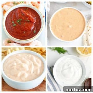 22 Irresistible Dipping Sauces to Perfect Your Shrimp 3 Bowl of cocktail sauce, tartar sauce, and spicy sauce.