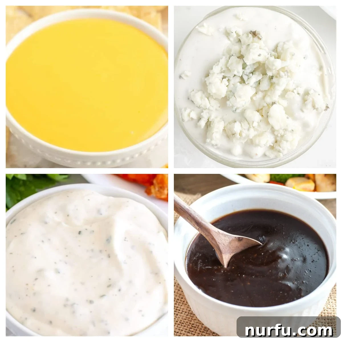18 Easy Sauces To Elevate Your Broccoli 2 A collage of various delicious sauces for broccoli, including cheese sauce, blue cheese dip, ranch, and teriyaki sauce, ready to make your vegetables taste amazing.