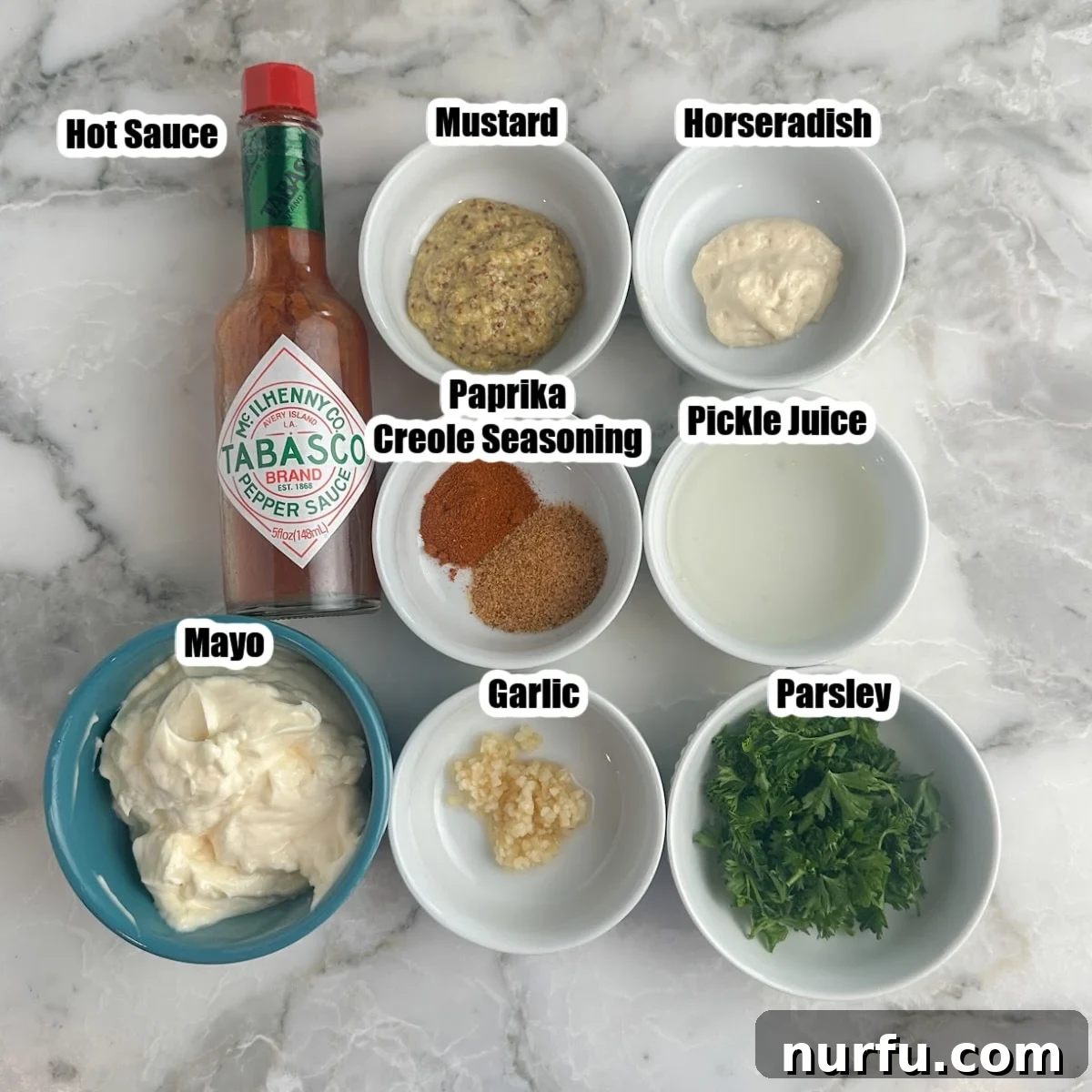 Zesty Homemade Remoulade Sauce 3 Bowl with remoulade sauce ingredients.