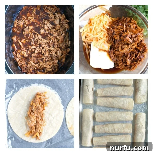 BBQ Taquitos Recipe Steps A four-panel image illustrating the preparation of BBQ taquitos: slow-cooked pork in a crockpot, the mixed filling of pork, cheese, and cream cheese in a bowl, and the filling being rolled into corn tortillas.