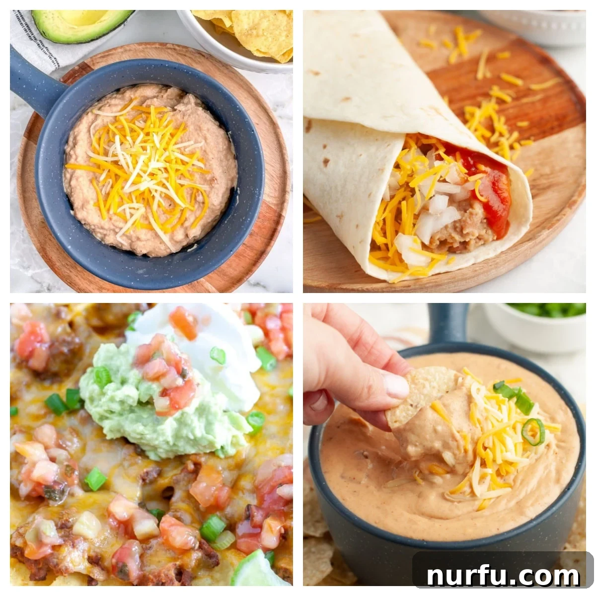 23 Genius Ways to Use Canned Refried Beans 2 Bowl with refried beans, burrito, nachos, and dip.