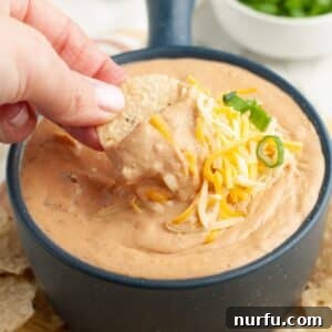 Bowl of bean dip with chip dipping the dip.