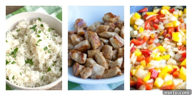 Zesty Fajita Chicken Rice Bowl 4 Step-by-step process of preparing a Chicken Fajita Rice Bowl, showing ingredients and cooking stages.