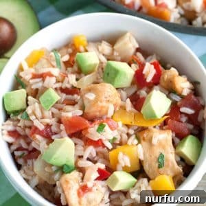 Zesty Fajita Chicken Rice Bowl 6 Bowl filled with rice and diced chicken.