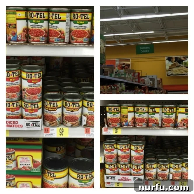 Zesty Fajita Chicken Rice Bowl 7 Grocery store aisle featuring a variety of RO*TEL canned products.