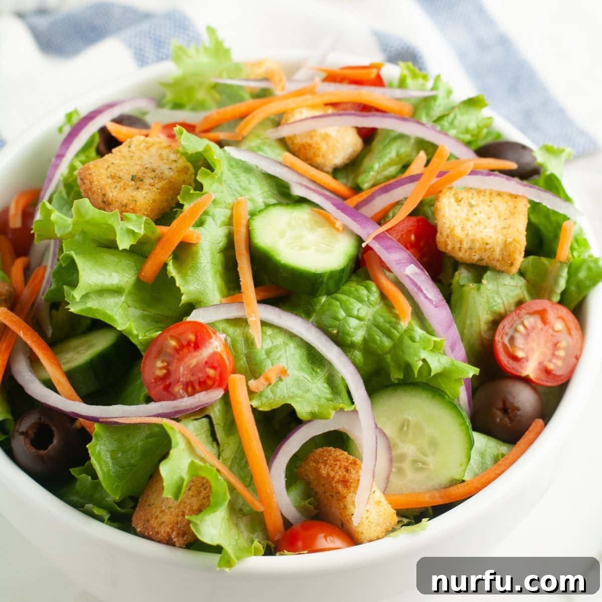 Simple House Salad Perfection 2 Bowl of house salad with fresh vegetables and croutons.