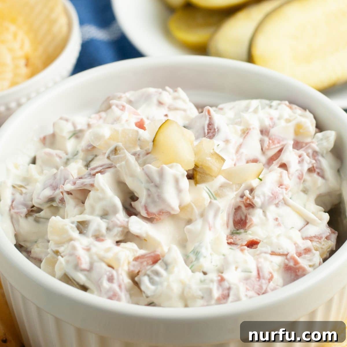 Zesty Dill Pickle & Dried Beef Dip 2 A beautifully presented bowl of creamy dill pickle dip with visible chopped pickles and dried beef, garnished with fresh dill.