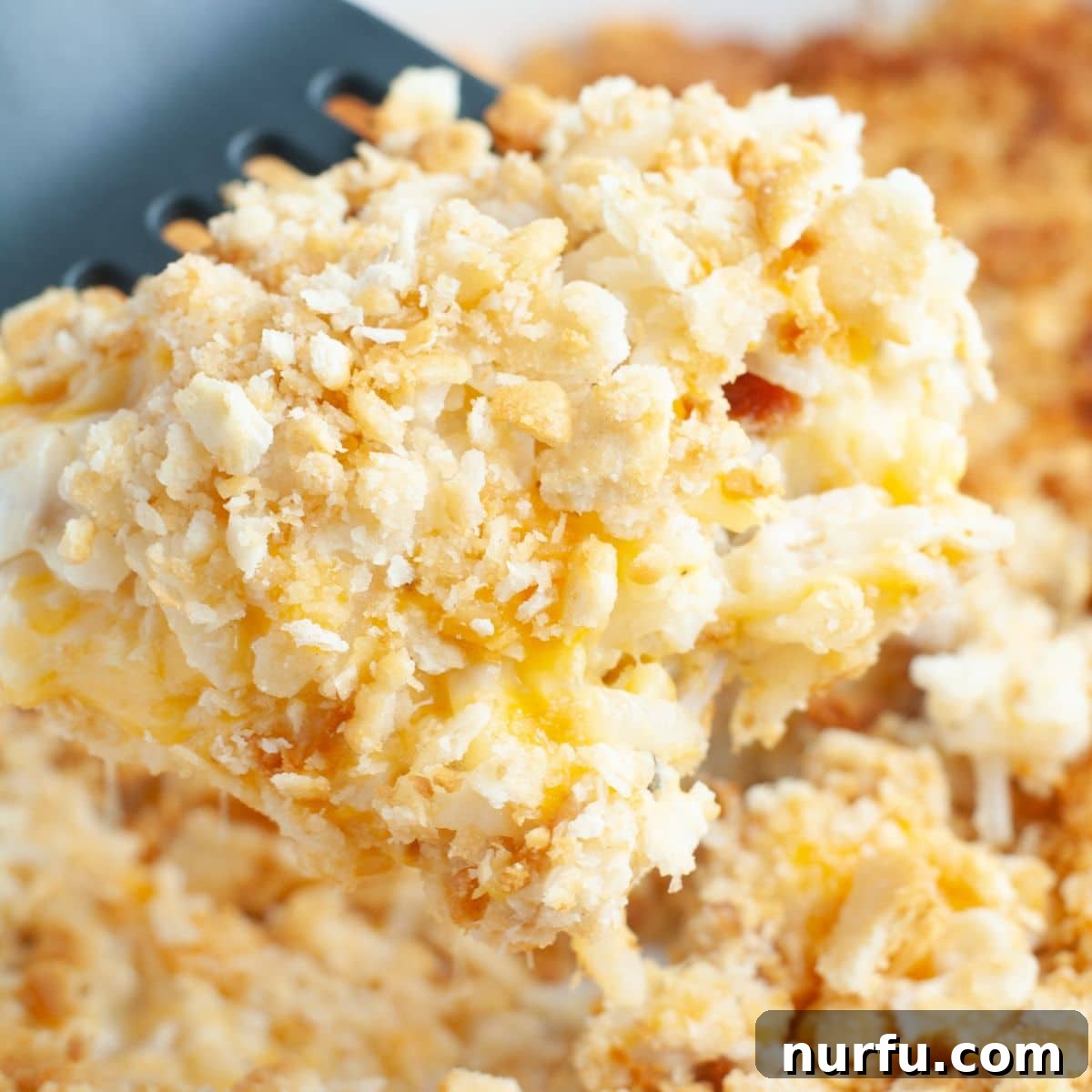 Chicken and Hash Brown Bake 2 A golden brown hash brown chicken casserole being served with a spatula, highlighting its rich, cheesy layers and crispy topping.