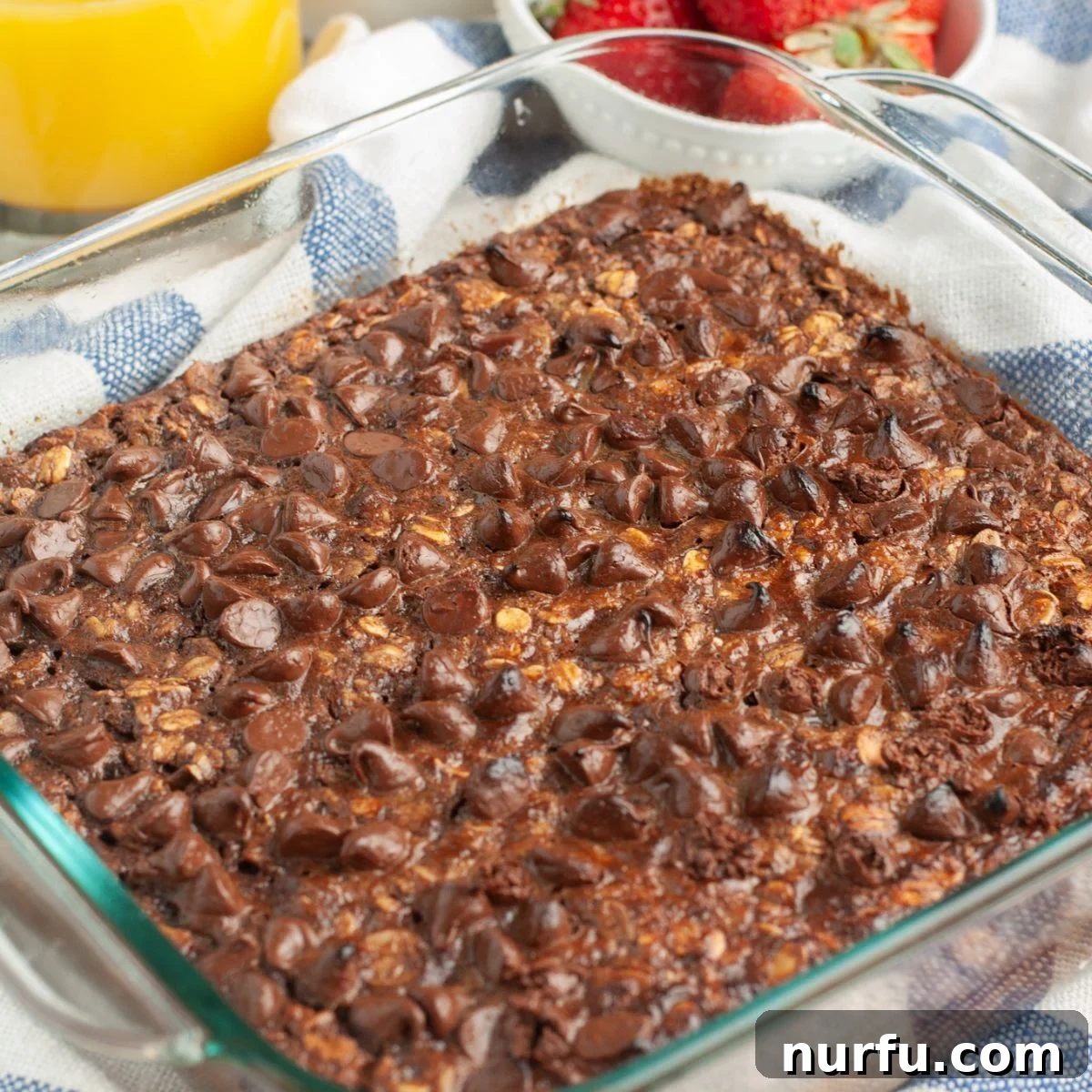 Decadent Chocolate Baked Oats 6 A baking dish filled with rich chocolate baked oats, freshly out of the oven.