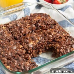 Baking dish with chocolate baked oatmeal.