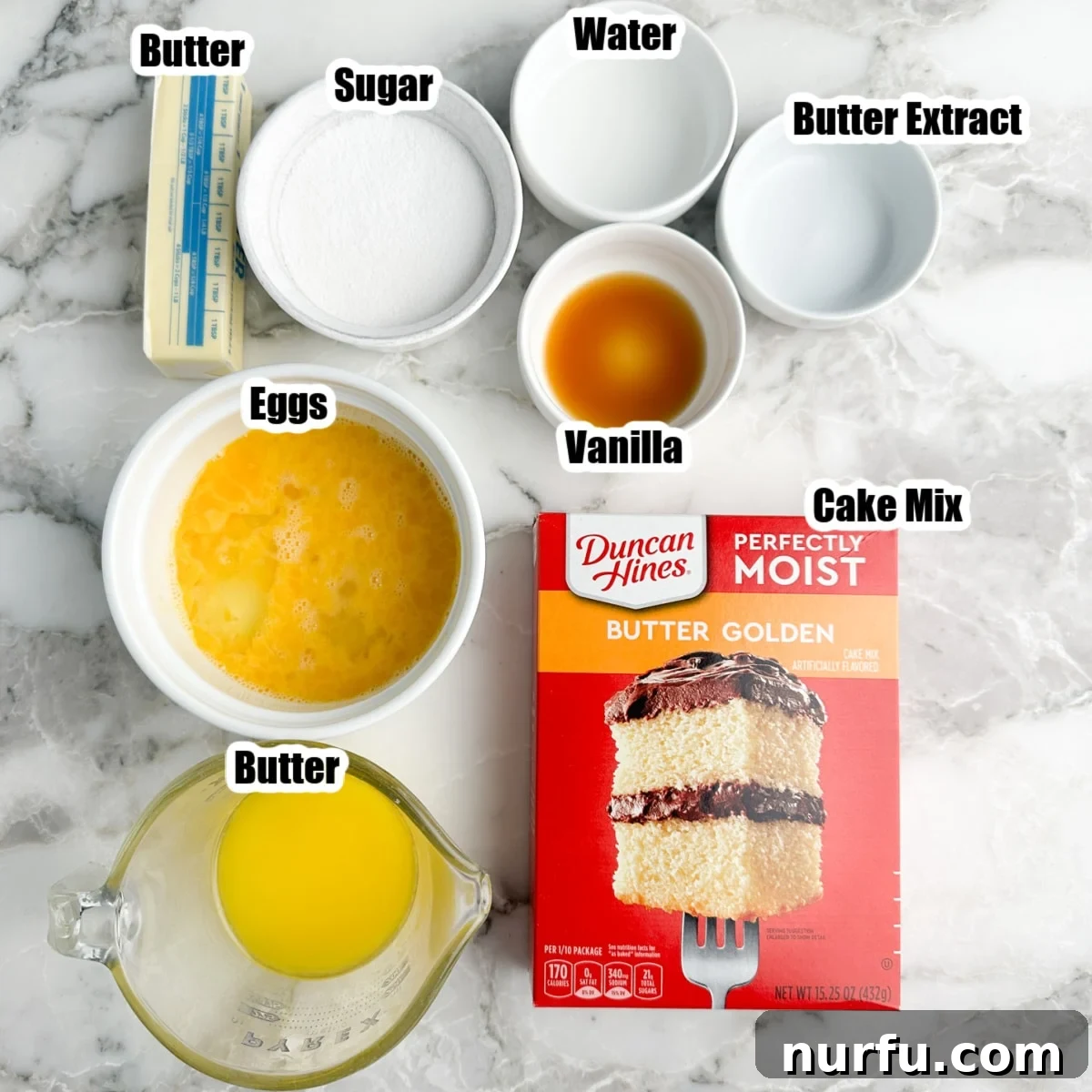 Heavenly Kentucky Butter Cake Cookies 3 Box of cake mix, bowl of eggs, melted butter, sugar, vanilla, and water.