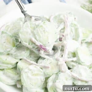 A spoon with creamy cucumber dill salad, featuring slices of cucumber and red onion.