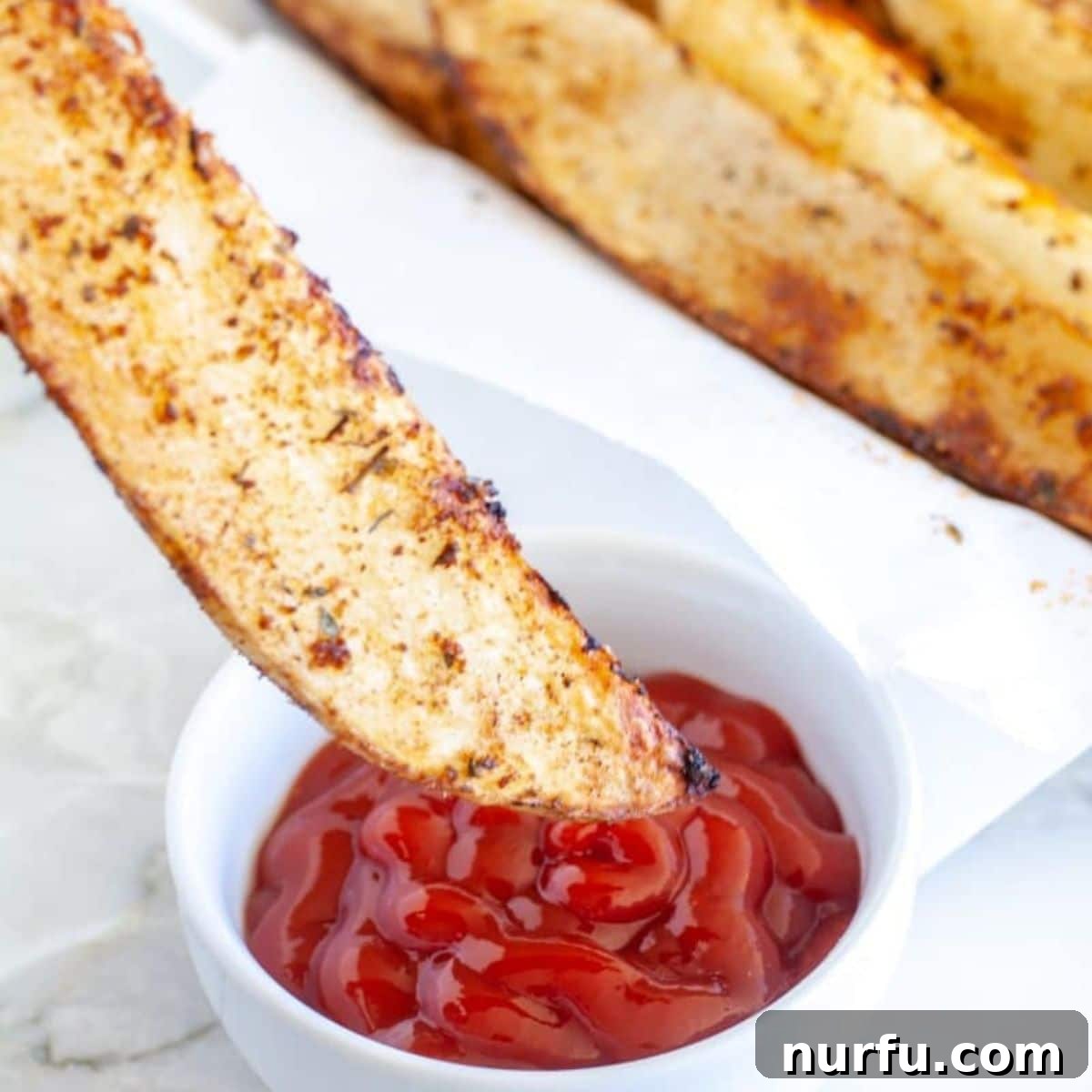 Perfect Pairings for Your Chicken Wings 27 Potato wedge being dipped in ketchup.