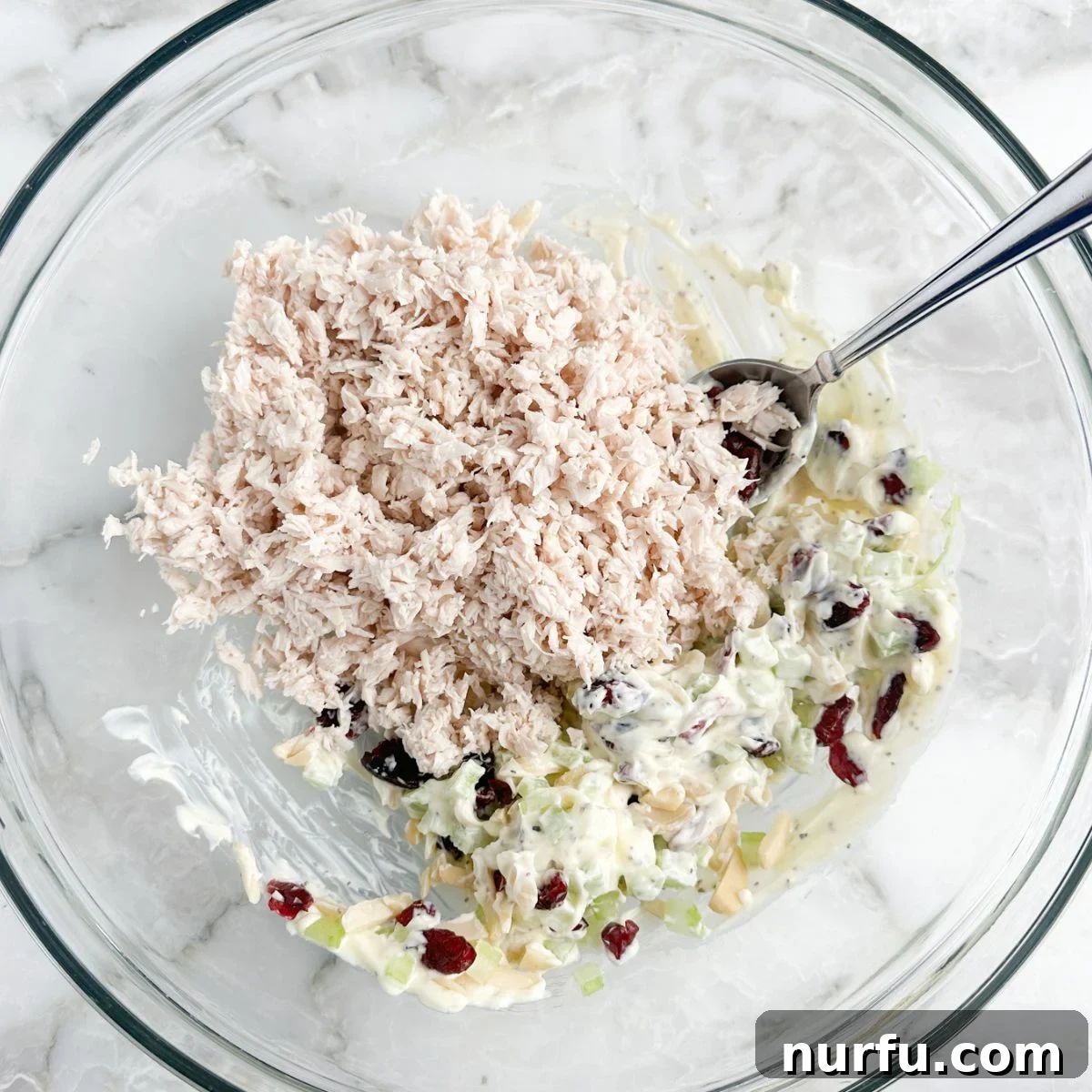 Homemade Cranberry Kelli Chicken Salad 5 A bowl containing shredded chicken, creamy mayonnaise, finely diced celery, and ruby-red dried cranberries, ready for mixing.