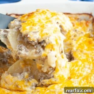 Spatula with sliced potatoes and melted cheese.