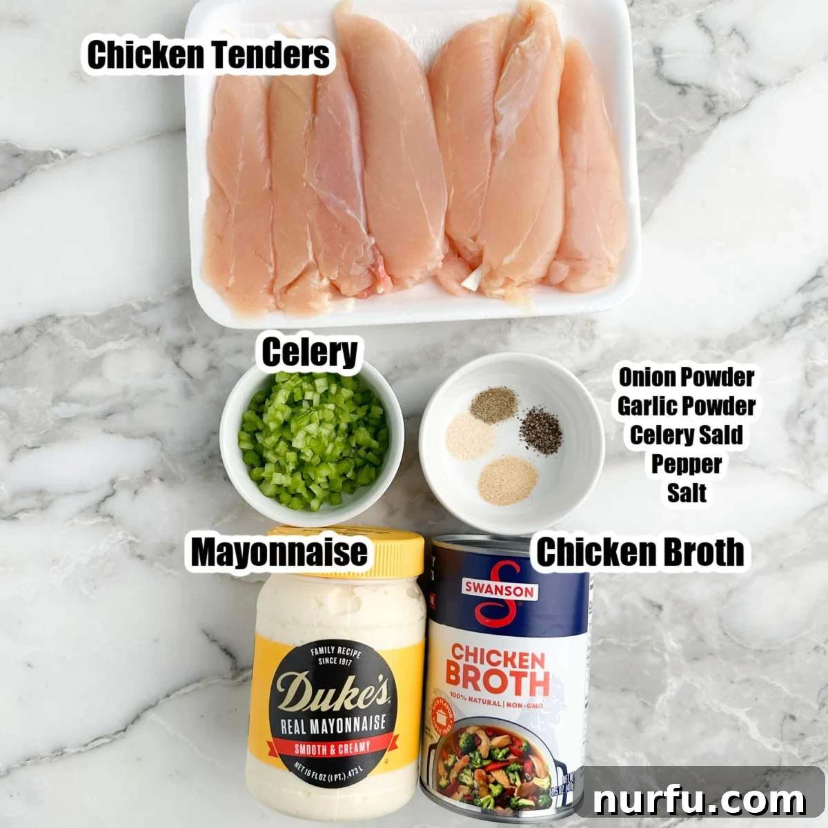 Homemade Classic Carol Chicken Salad Chick 3 Individual ingredients for chicken salad: cooked chicken tenders, a bowl of diced celery, a jar of mayonnaise, and a measuring cup of chicken broth.