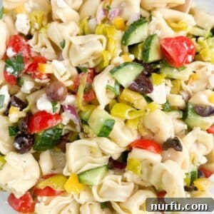 Tortellini pasta salad with cucumbers and tomatoes.