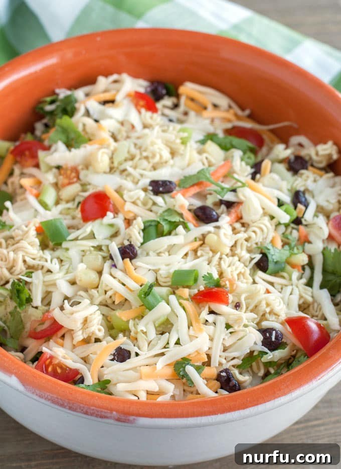 Ramen Noodle Taco Salad in a serving bowl